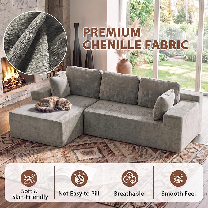 Homall 110" Boneless Sectional Couch, Modular Sectional Sofa L-Shape Couch with Deep Seat, Cloud Comfy Boneless Couch for Living Room, No Assembly Required (Chenille, Grey)
