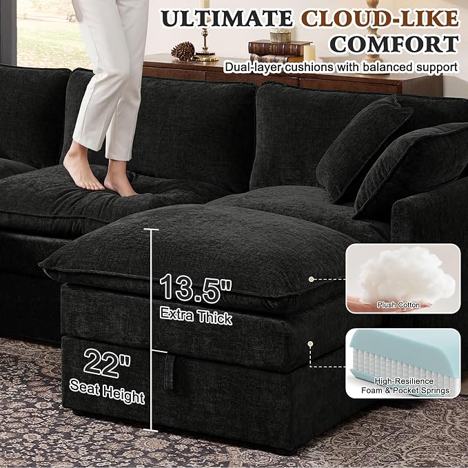 Ihanherry 103" Modular Sectional Sofa with Storage, L Shaped Cloud Couch with Movable Ottomans & 4 Pillows, Chenille Deep Seat Sectional Couches for Living Room, Apartment (Black)