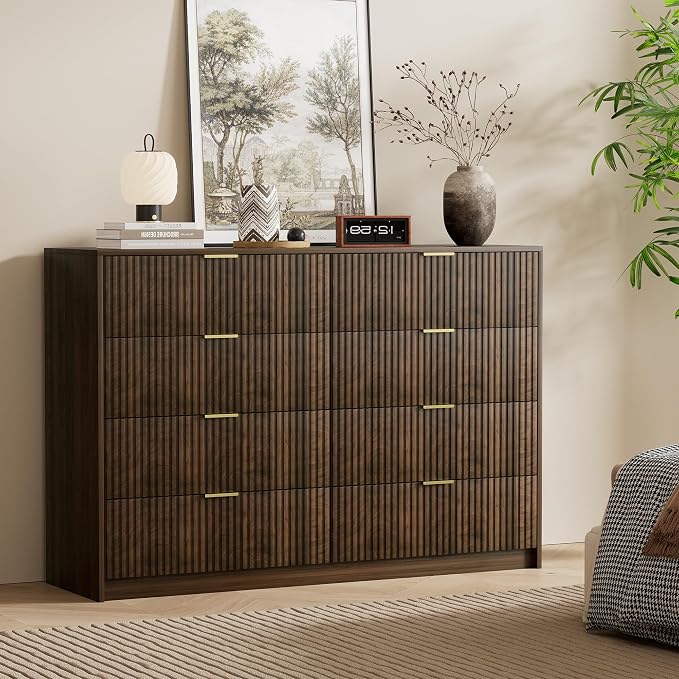 Furniway Walnut Dresser for Bedroom, Modern Dresser with 8 Drawers and Smooth Slides, Wide Chest of Drawers with Golden Handles for Bedroom, Closet, 15.7" D x 55" W x 37.4" H
