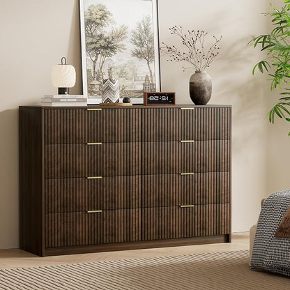 Furniway Walnut Dresser for Bedroom, Modern Dresser with 8 Drawers and Smooth Slides, Wide Chest of Drawers with Golden Handles for Bedroom, Closet, 15.7" D x 55" W x 37.4" H