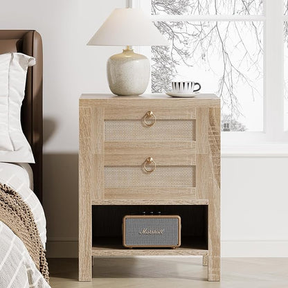Rattan Night Stand with Drawers - Boho Nightstand with Charging Station, Bedside Table with Storage Shelf, Accent Side Table End Tables Living Room, Wood Nightstands for Bedroom, Light Wood