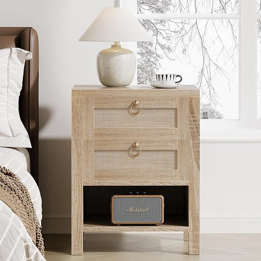 Rattan Night Stand with Drawers - Boho Nightstand with Charging Station, Bedside Table with Storage Shelf, Accent Side Table End Tables Living Room, Wood Nightstands for Bedroom, Light Wood