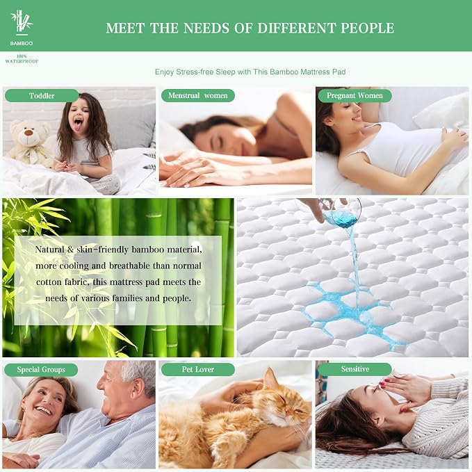 UNILIBRA King Mattress Protector Waterproof Rayon from Bamboo, Deep Pocket Mattress Pad Cover Fit up to 6''-21'', Breathable Soft Filling Quilted Fitted Mattress Topper