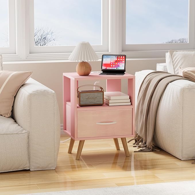 Huhote Kids Nightstand, 2-Tier Night Stand with Charging Station and Drawer, Modern Side Table for Bedroom, Study Room Small Spaces, Pink