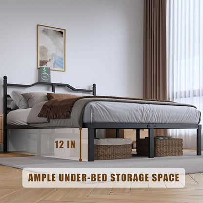 SHOANED Metal Bed Frame with Charging Station - 14 Inch King Size Heavy Duty Bedframe with Headboard Black Basic Steel Slats Platform No Box Spring Needed/Noise Free