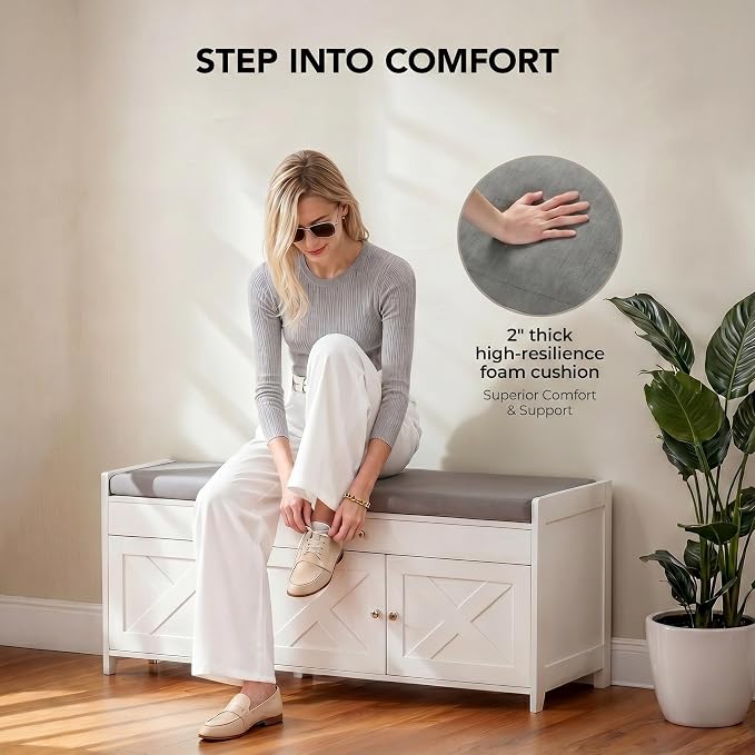 Marsail Shoe Storage Bench with Seating, Farmhouse Entryway Bench with Shoe Storage and Cushion, Under Window Benches Wooden Ottoman for Bedroom, Entry Way, Living Room, White