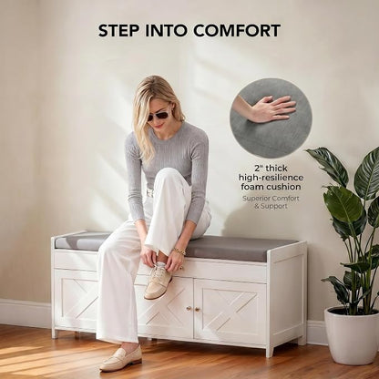 Marsail Shoe Storage Bench with Seating, Farmhouse Entryway Bench with Shoe Storage and Cushion, Under Window Benches Wooden Ottoman for Bedroom, Entry Way, Living Room, White