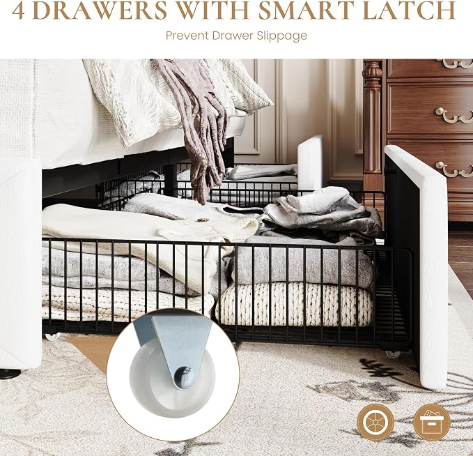 SHA CERLIN Upholstered Queen Platform Storage Bed Frame with 4 Drawers, Adjustable Headboard with Faux Leather Diamond Button Tufted Design, Wooden Slat Support, No Box Spring Needed, White