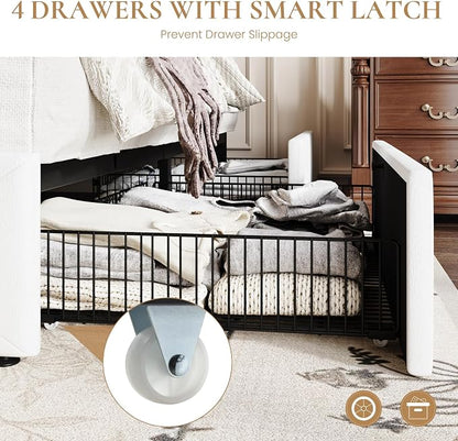 SHA CERLIN Upholstered Queen Platform Storage Bed Frame with 4 Drawers, Adjustable Headboard with Faux Leather Diamond Button Tufted Design, Wooden Slat Support, No Box Spring Needed, White