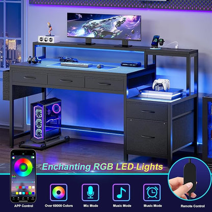 REAHOME 61 Inch Gaming Desk with Charging Station and LED Lights, Reversible Computer Desk with Storage Drawer and Monitor Stand, Modern Desk Table with File Cabinet & Side Pocket, Carbon Fiber Black