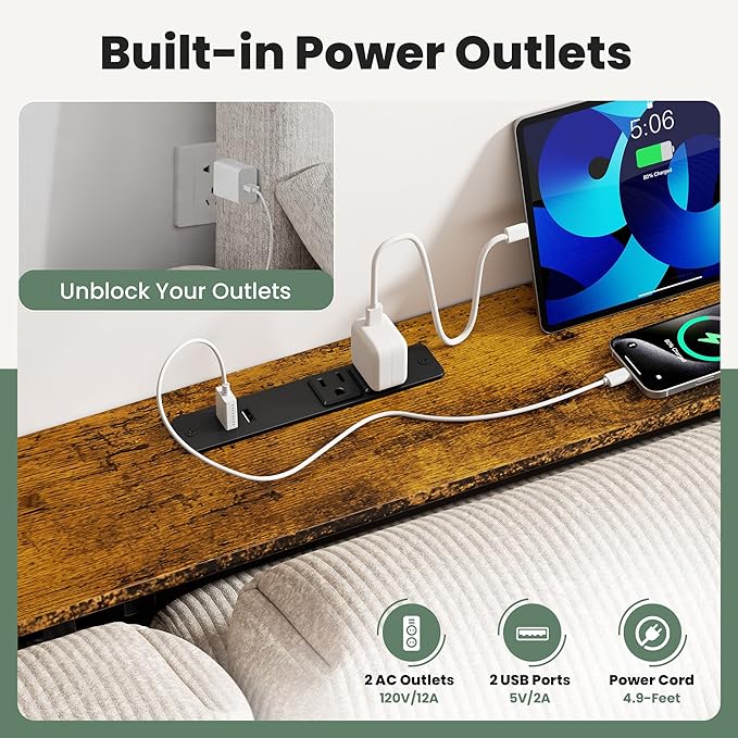 GRLEAF 78" Sofa Table with Built-in Power Strip (2 AC Outlets & 2 USB Ports) – 4.9ft Power Cord, Metal Frame, Easy Assembly, Long Couch Table Behind Sofa, Living Room and Home Office | Rustic Brown