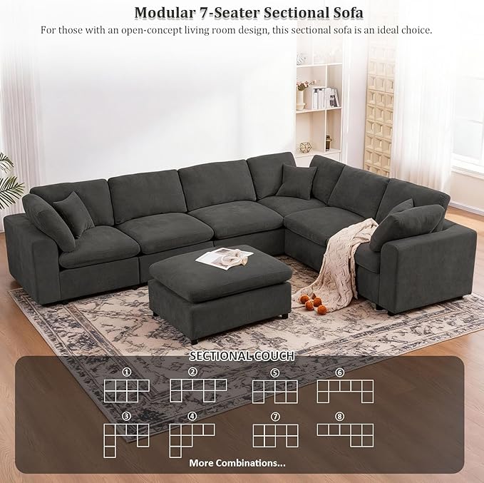 Oversized Modular Sectional Sofa Couch for Living Room, Dark Gray | Large 7 Seater Corner Sofa | Modern U Shaped Sectional | with Ottoman | Spacious Space | Comfy Chenille | for Large Families
