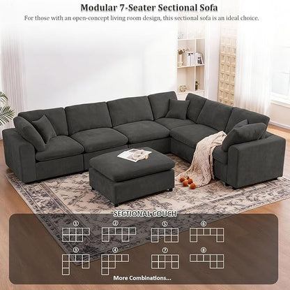 Oversized Modular Sectional Sofa Couch for Living Room, Dark Gray | Large 7 Seater Corner Sofa | Modern U Shaped Sectional | with Ottoman | Spacious Space | Comfy Chenille | for Large Families