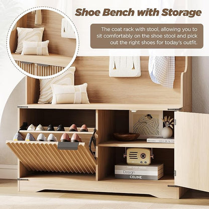 Maupvit 67" Tall Modern Boho Hall Tree with Bench and Shoe Storage, Entryway Fluted Hall Tree, Mudroom Bench with Flip Drawers, 4 Hooks, Adjustable LED Light for Garage, Living Room, Oak