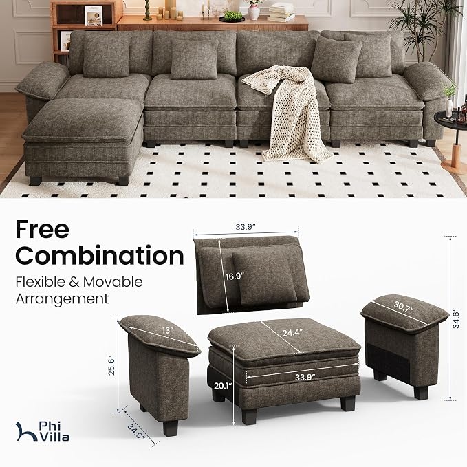 PHI VILLA Cloud Modular Couch Sets, 157.5" Oversized Sectional Sofa with L-Shaped Chaise, 5-Seater Upholstered Couches with Movable Ottoman for Living Room, Chenille Smoky Grey