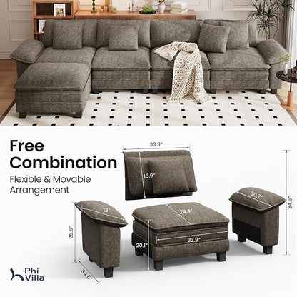 PHI VILLA Cloud Modular Couch Sets, 157.5" Oversized Sectional Sofa with L-Shaped Chaise, 5-Seater Upholstered Couches with Movable Ottoman for Living Room, Chenille Smoky Grey