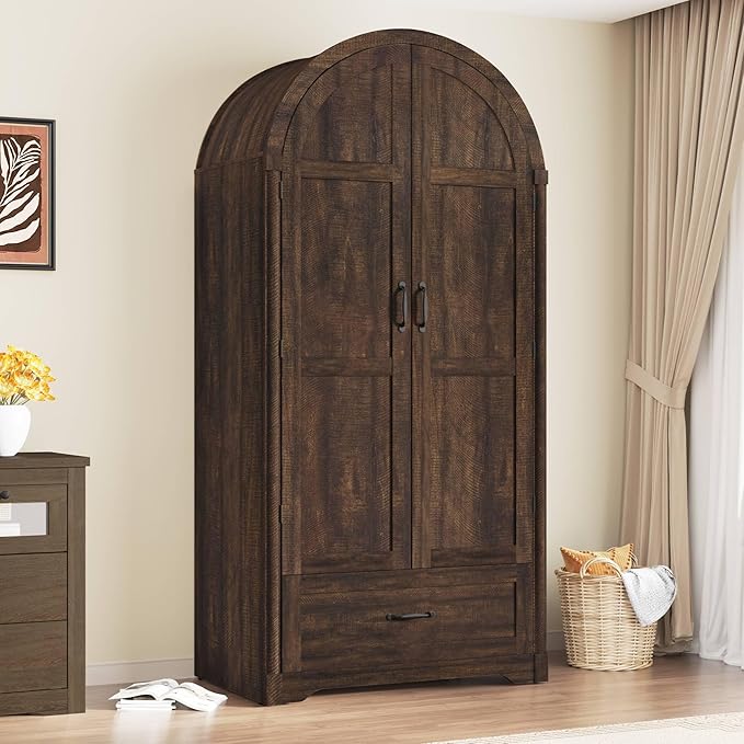 Squireewo 2 Doors Armoire Wardrobe Closet with Doors and Drawers, 71" Farmhouse Arched Wooden Wardrobe Cabinet with Mirror and Lights, Large Armoire Storage Cabinet with Shelves & Hanging Rod,Brown