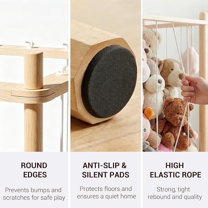 KiddoCood Kids CPC & TIC Certified Stuffed Animal Storage - 3-Tier Large Natural Solid Wood Plush Toy Organizer & Holder, Corner Solution for Playroom & Nursery, BPA-Free & Zero Glue, 53" H