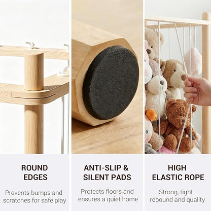 KiddoCood Kids CPC & TIC Certified Stuffed Animal Storage - 3-Tier Large Natural Solid Wood Plush Toy Organizer & Holder, Corner Solution for Playroom & Nursery, BPA-Free & Zero Glue, 53" H