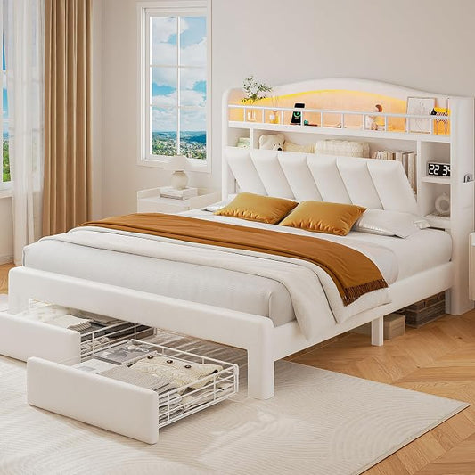 Full Size Bed Frame with LED Storage Headboard & 2 Storage Drawers, Velvet Upholstered Bed with Vertical Tufted Headboard Design, USB & Type-C Charging Ports, Wooden Slats Support, Noise-Free, Beige