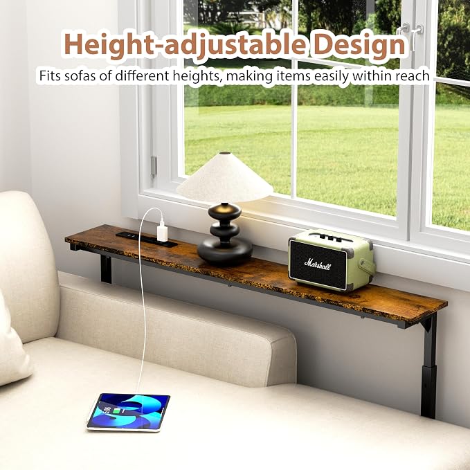 GRLEAF 39" Adjustable Height Narrow Console Table with Power Outlets, Long Sofa Table with Charging Station Behind Couch Table Skinny Entryway Table for Living Room, Hallway and Office – Rustic Brown