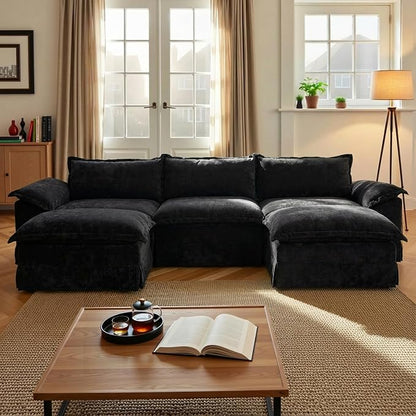 Claiks 123" Modular Boneless Couch, U Shaped Couch for Living Room, Modern Deep Seat Sofa 3 Seater Chenille Fabric Comfy Cloud Couches with Movable Ottoman, Black