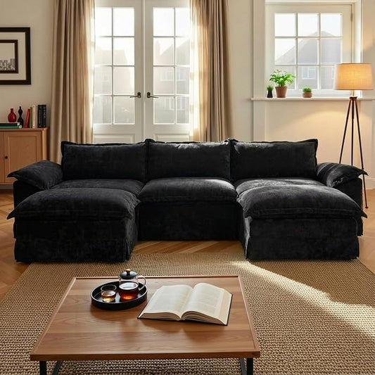 Claiks 123" Modular Boneless Couch, U Shaped Couch for Living Room, Modern Deep Seat Sofa 3 Seater Chenille Fabric Comfy Cloud Couches with Movable Ottoman, Black