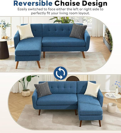 Kingfun L Shaped Couch, 80" W Mid-Century Modern Sofa, Sectional Couches, 3 Seater Sofas with Wide Chaise Lounge, Button Tufted Upholstered Sectional Sofa for Living Room, Bedroom, Blue