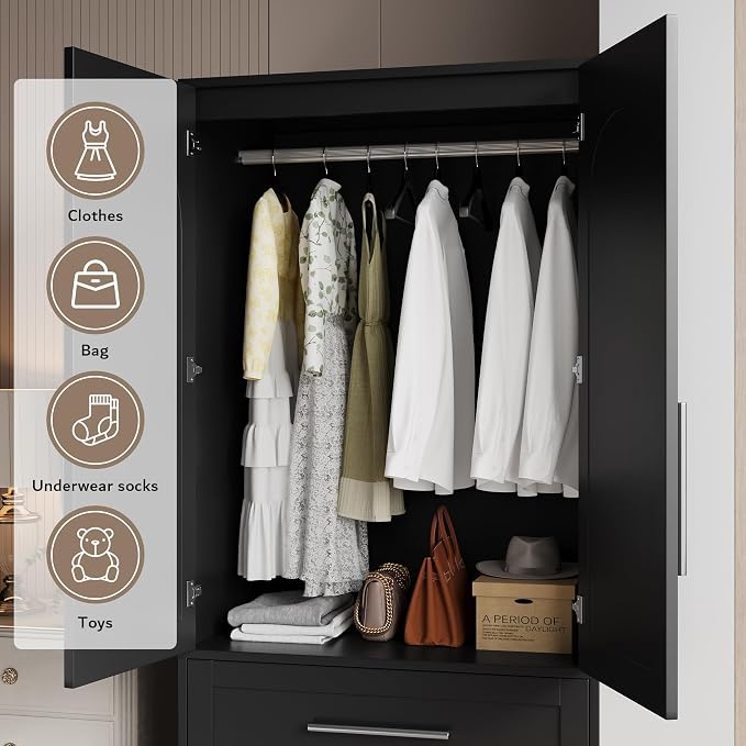 iPormis Wooden Armoire Wardrobe Closet with 2 Drawers, Clothing Storage Cabinet with Shelves Aluminum Hanging Rod, Wardrobe Storage with Strong Door Closure, Modern Bedroom Clothing Armoires, Black
