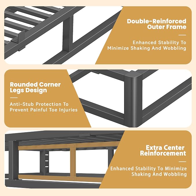10 Inch Queen Bed Frame with Rounded Corner and Squeak Free U-Slot Design, Metal Platform Bed Frames 6 Non-Slip Mattress Grippers, 3500lbs Heavy Duty Steel Slat Support, No Box Spring Needed