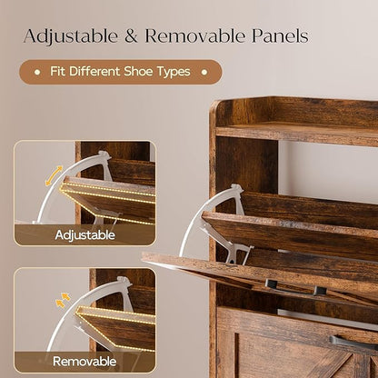 MU Shoe Storage Cabinet with 2 Flip Drawers, Freestanding Shoe Rack Cabinet with Metal Legs, Hidden Shoe Organizer Cabinet for Entryway, Living Room, Rustic Brown