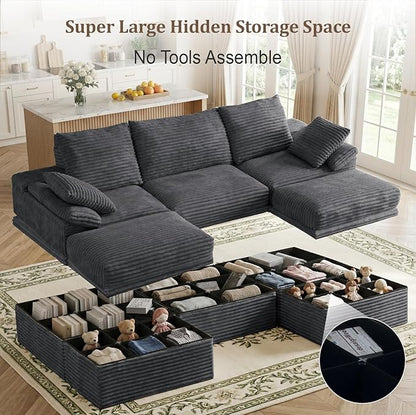 107" Modular U-Shaped Sectional Sofa with Storage, 3-Seat Corduroy Boneless Couch, 27" Deep Seat Cloud Couch & 2 Movable Ottoman, Tool-Free Assembly, Couch for Living Room, Grey