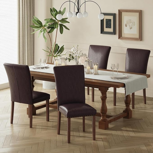 COLAMY Parsons Dining Chairs Set of 4, PU Leather Dining Room Kitchen Side Chair with Nailhead Trim and Wood Legs - Dark Brown