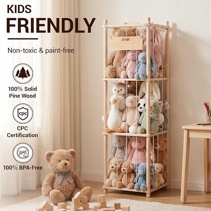 KiddoCood Kids CPC & TIC Certified Stuffed Animal Storage - 3-Tier Large Natural Solid Wood Plush Toy Organizer & Holder, Corner Solution for Playroom & Nursery, BPA-Free & Zero Glue, 53" H