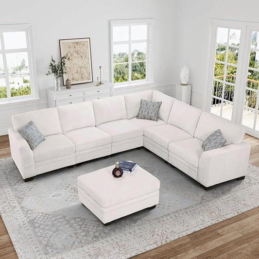 Legend Vansen Oversized Modular Sectional Sofa,7 Seat U Shaped Couch with Ottoman,Corduroy Sofa with Deep Seat,Convertible Large Sectional Couches for Living Room(Cream, L-7)