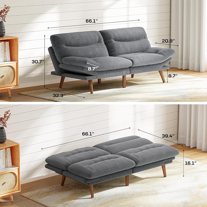 Marsail 66" Futon Sofa Bed, Convertible Corduroy Futon Couch with Adjustable Backrest & Armrests, Small Sleeper Sofa Loveseat for Living Room, Apartment, Office, Grey