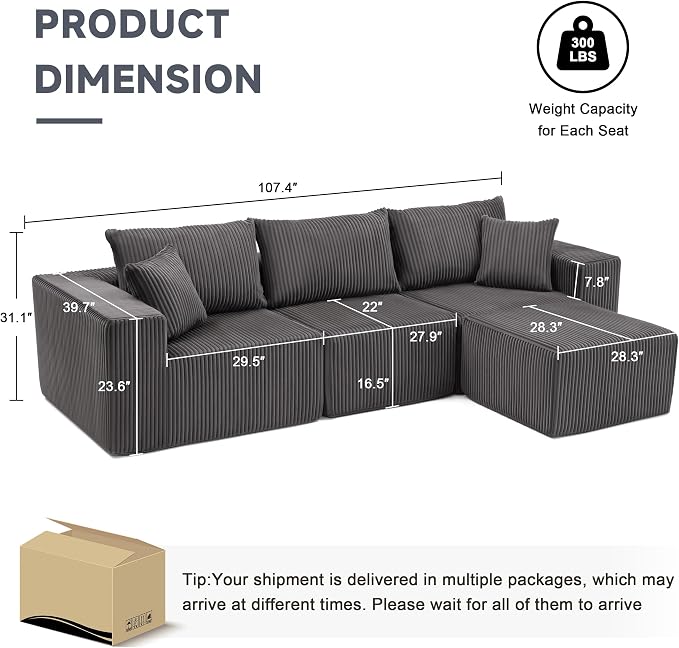 Weture 107.4" Cloud Couch Sectional, Modular Sofa with Deep Seat, Plush Corduroy L Shaped Boneless Couch, Convertible Sectional Couches for Living Room, 4Seat, Darkgrey