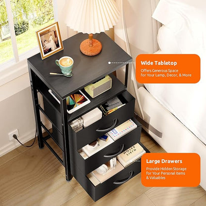 Lazzanto NightStand Bedside Charging Table Bedroom - Night Stand with Charger Station, Black Modern Bed Side End Table with Open Shelf & 3 Fabric Drawers, USB-C Port for Dorm, Living Room