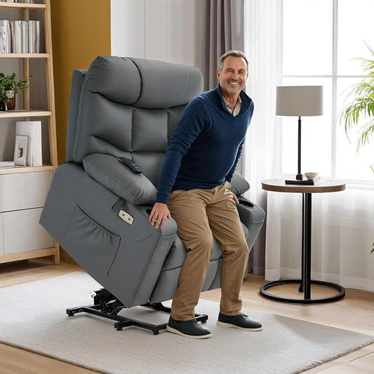 MCombo Power Lift Recliner Chair for Elderly, for Mom, Electric Lift Chair with Extended Footrest, USB Ports, Cup Holders, Faux Leather 7287 (Dark Grey, Medium)