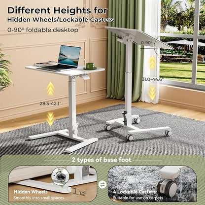 Gibbon Mounts Foldable Standing Desk，Small Mobile Sit-Stand Desk with 90 Tiltable Top，Rolling Rising Laptop Workstation Adjustable Height，Portable Table on Hidden Wheels/4 Lockable Casters，White