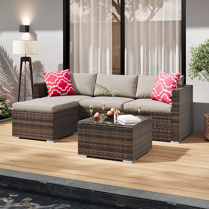5 Piece Outdoor Patio Furniture Set, Rattan Deck Conversation Sofa Set with Non-Slip Cushions, All-Weather Sectional Sofa with Glass Storage Table and Balcony Footstool, Poolside, Garden, Brown+Gray
