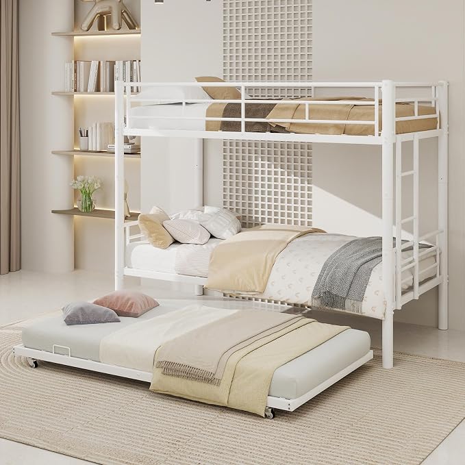 3-Way Convertible Twin over Twin Bunk Bed with Trundle, Metal Low Bunkbed for Kids Boys Girls, Guardrail & Ladders, Heavy Duty, No Box Spring Needed, Space-Saving, Easy Assembly (White, With Trundle)