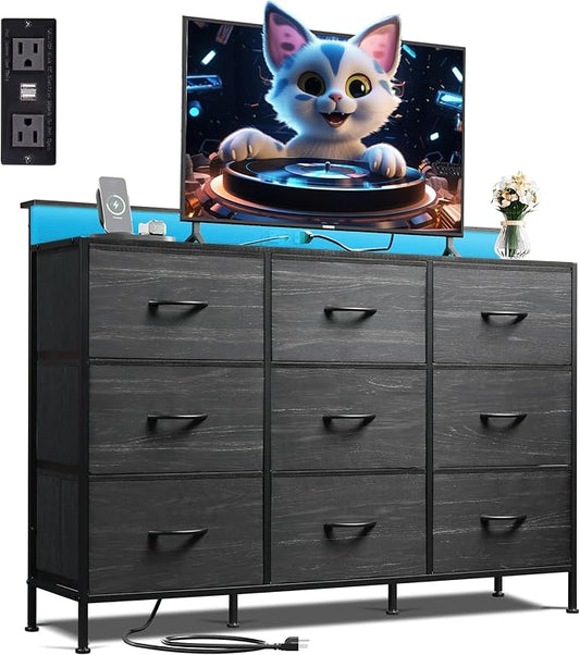 WLIVE Black Dresser TV Stand for 45, 50, 55 inch TV, Entertainment Center with LED Lights & Charging Station, Chest of drawers with 9 Fabric Drawers and Open Shelves for Living Room, Hallway, Wood Top