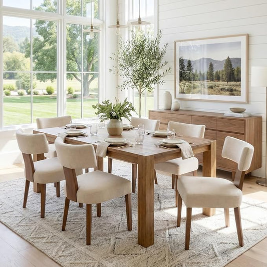 RIVOVA Mid Century Modern Dining Chairs Set of 6 Upholstered Linen Fabric Dining Chairs Curved Backrest Farmhouse Dining Room Chairs Kitchen Chairs with Wood Legs, Beige