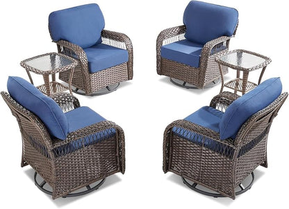 Belord Luxury Patio Furniture Set with 5-inch Thick Cushion, Outdoor 3-seat Sofa and High Back Swivel Rocker Patio Chairs and Ottoman, 6PCS Wicker Conversation Set for Deck Yard and Poolside,Blue