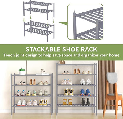ROMGUAR CRAFT 4 Tier Bamboo Shoe Rack for Closet Free Standing Wood Shoe Shelf for Entryway Small Space Stackable 27"x11"x26" (Grey)