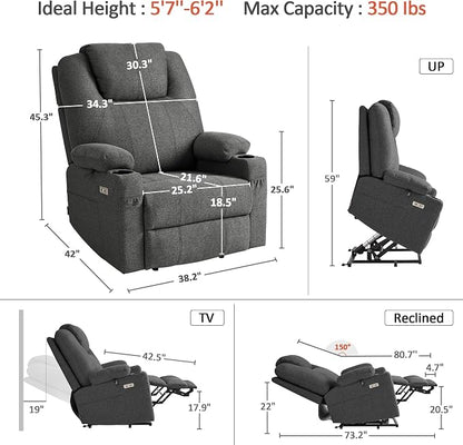 MCombo Power Lift Recliner Chair for Elderly R7510(Grey, Large-Wide) | Oversized for Big and Tall, Heat and Massage, USB& Type C Charging Port, FSC Certified