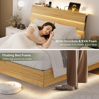 Feonase Floating Bed Frame Queen with Led Lights and Charging Station, Wood Full Size Bed Frame with Storage Headboard, Heavy Duty Metal Slats, No Box Spring Needed, Easy Assembly,Oak