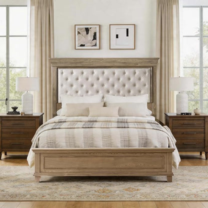 AMERLIFE King Size Solid Wood Bed Frame, Greige | Upholstered, Platform Bed