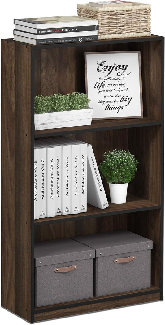 Furinno BASIC Book Shelf, 3-Tier Modern Bookshelf, Bookcase with Open Shelves, 9.3 x 21.8 x 39.5, for Living Room, Bedroom, Home Office, Columbia Walnut/Black